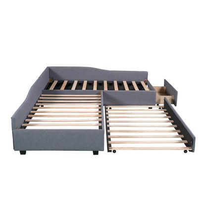 Twin Size Daybed with Drawer, Wooden Support Bed Frame, Upholstered Double Trundle, No Box Spring Needed for Teens