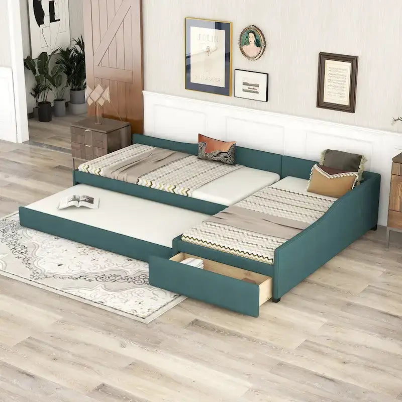 Twin Size Daybed with Drawer, Wooden Support Bed Frame, Upholstered Double Trundle, No Box Spring Needed for Teens