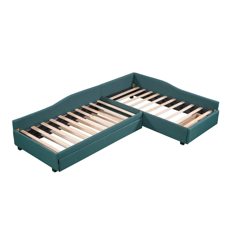 Twin Size Daybed with Drawer, Wooden Support Bed Frame, Upholstered Double Trundle, No Box Spring Needed for Teens