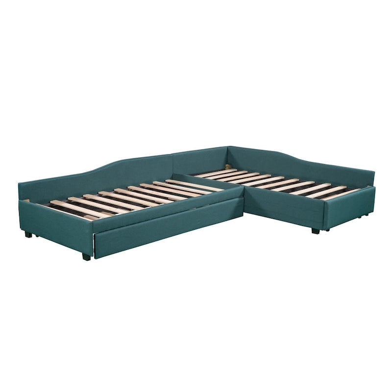 Twin Size Daybed with Drawer, Wooden Support Bed Frame, Upholstered Double Trundle, No Box Spring Needed for Teens