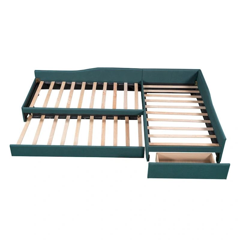 Twin Size Daybed with Drawer, Wooden Support Bed Frame, Upholstered Double Trundle, No Box Spring Needed for Teens