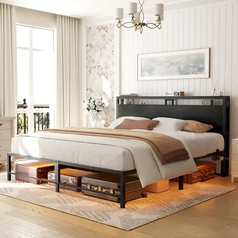 Bed Frame with headboard, Metal Platform Bed with LED Lights and Charging Station