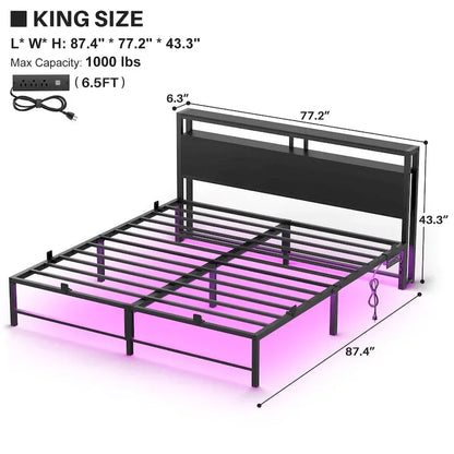 Bed Frame with headboard, Metal Platform Bed with LED Lights and Charging Station