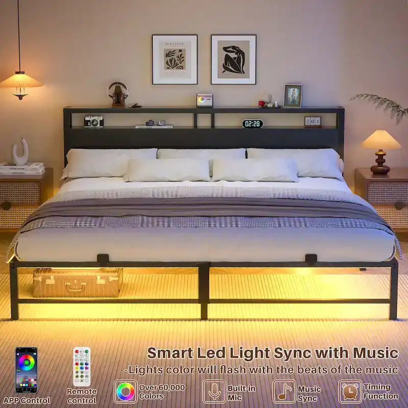Bed Frame with headboard, Metal Platform Bed with LED Lights and Charging Station