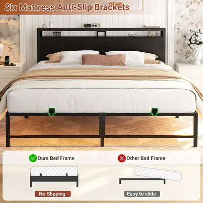 Bed Frame with headboard, Metal Platform Bed with LED Lights and Charging Station