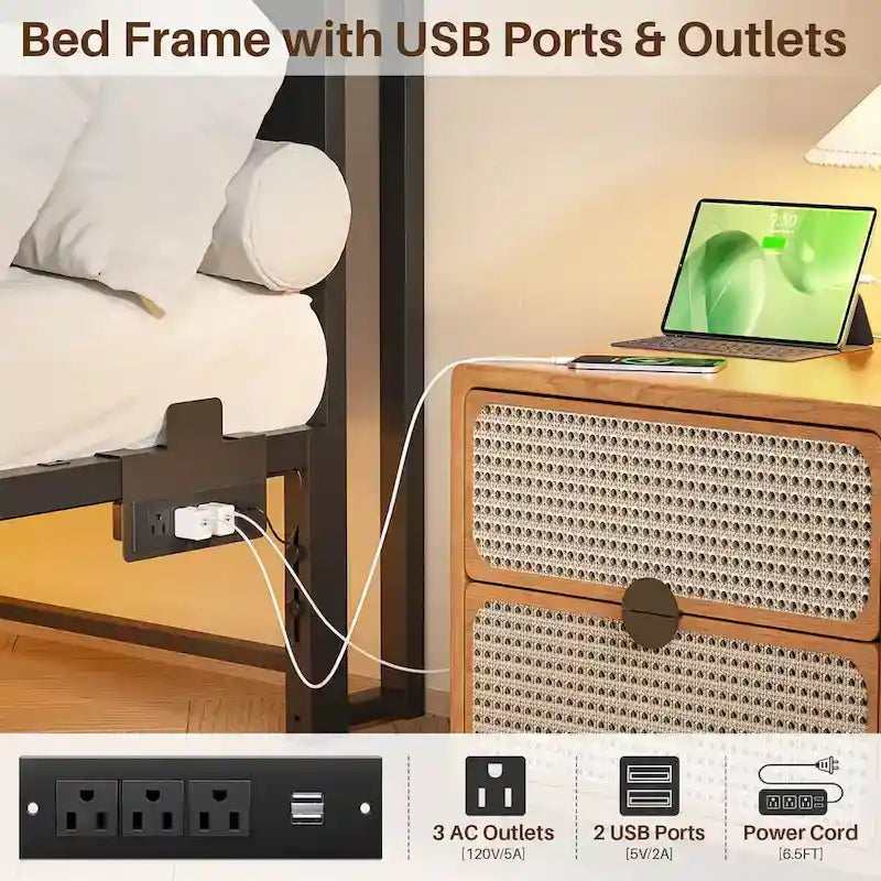 Bed Frame with headboard, Metal Platform Bed with LED Lights and Charging Station