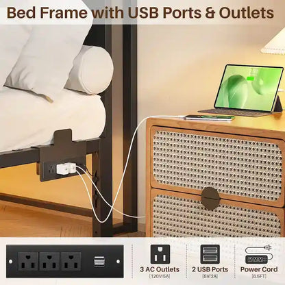 Bed Frame with headboard, Metal Platform Bed with LED Lights and Charging Station