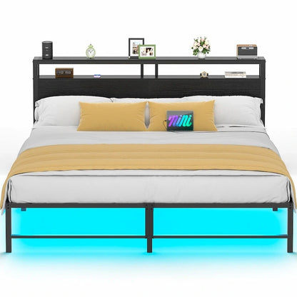 Bed Frame with headboard, Metal Platform Bed with LED Lights and Charging Station
