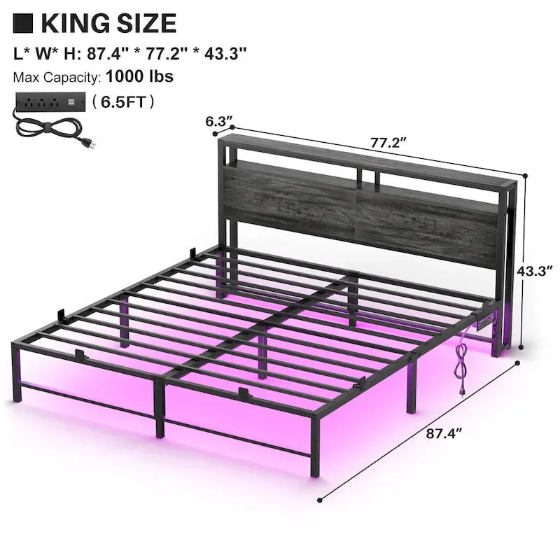 Bed Frame with headboard, Metal Platform Bed with LED Lights and Charging Station