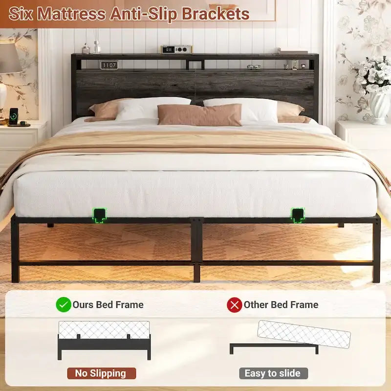 Bed Frame with headboard, Metal Platform Bed with LED Lights and Charging Station