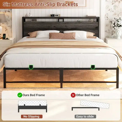Bed Frame with headboard, Metal Platform Bed with LED Lights and Charging Station