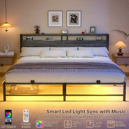 Bed Frame with headboard, Metal Platform Bed with LED Lights and Charging Station