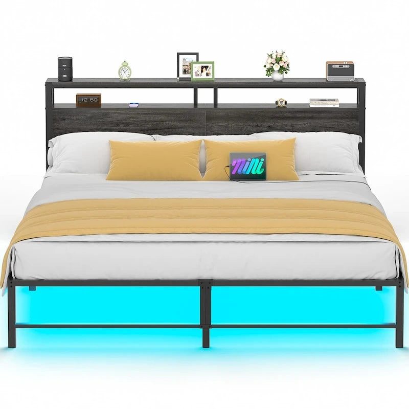 Bed Frame with headboard, Metal Platform Bed with LED Lights and Charging Station