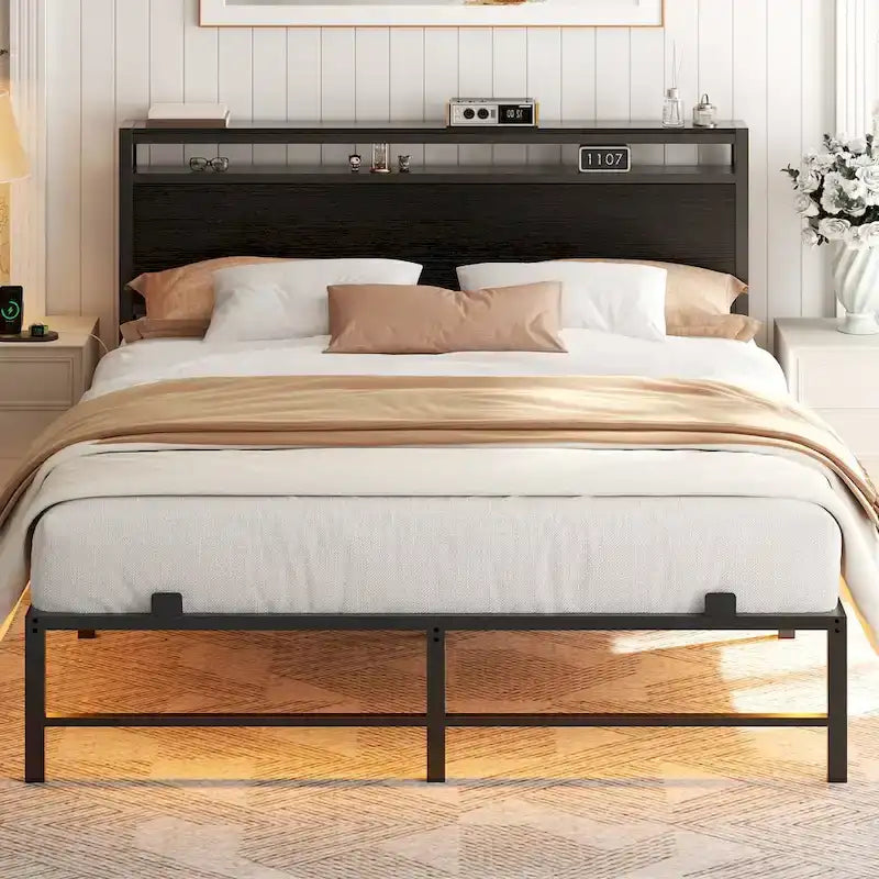 Bed Frame with headboard, Metal Platform Bed with LED Lights and Charging Station