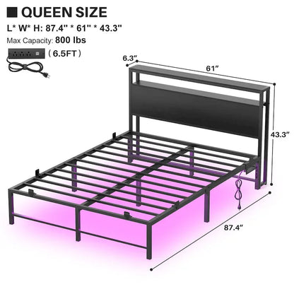 Bed Frame with headboard, Metal Platform Bed with LED Lights and Charging Station