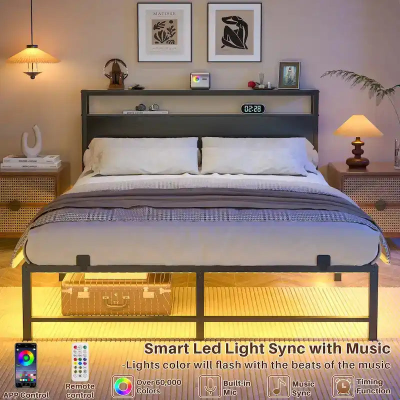 Bed Frame with headboard, Metal Platform Bed with LED Lights and Charging Station