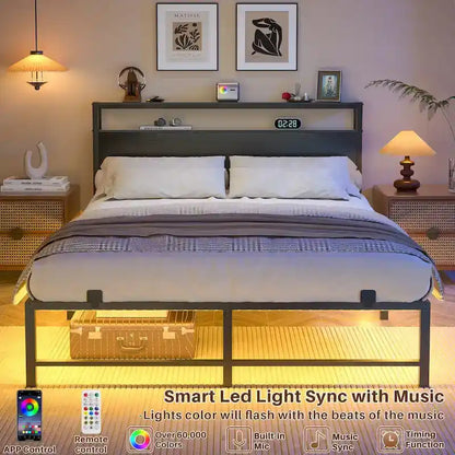 Bed Frame with headboard, Metal Platform Bed with LED Lights and Charging Station