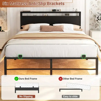 Bed Frame with headboard, Metal Platform Bed with LED Lights and Charging Station