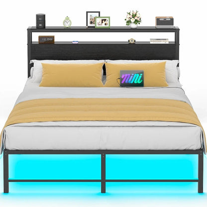 Bed Frame with headboard, Metal Platform Bed with LED Lights and Charging Station