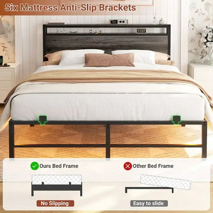 Bed Frame with headboard, Metal Platform Bed with LED Lights and Charging Station