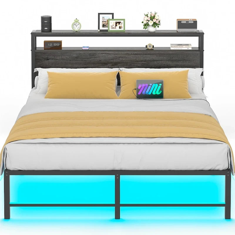 Bed Frame with headboard, Metal Platform Bed with LED Lights and Charging Station