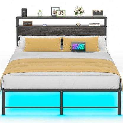 Bed Frame with headboard, Metal Platform Bed with LED Lights and Charging Station