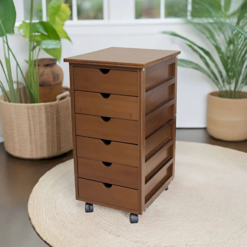 Solid Bamboo Frame 6 Drawer Rolling Storage Cart