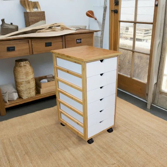 Solid Bamboo Frame 6 Drawer Rolling Storage Cart