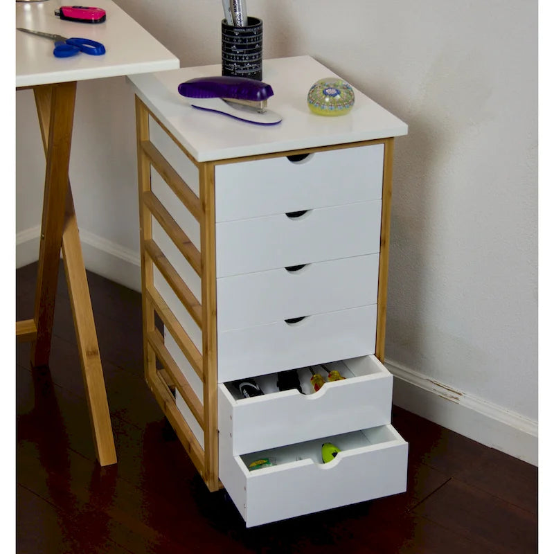Solid Bamboo Frame 6 Drawer Rolling Storage Cart