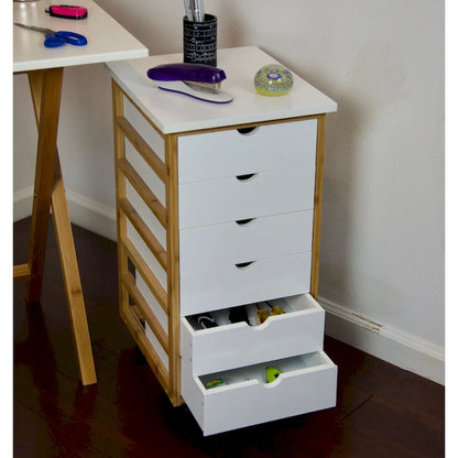 Solid Bamboo Frame 6 Drawer Rolling Storage Cart