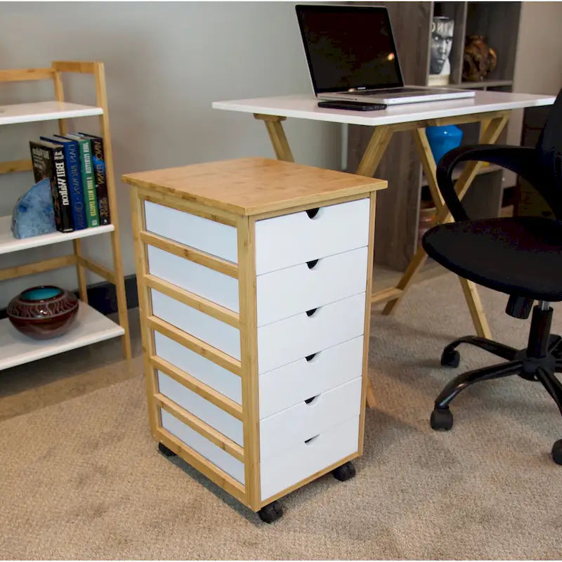 Solid Bamboo Frame 6 Drawer Rolling Storage Cart