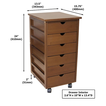 Solid Bamboo Frame 6 Drawer Rolling Storage Cart