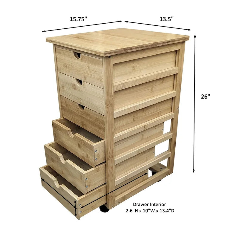 Solid Bamboo Frame 6 Drawer Rolling Storage Cart