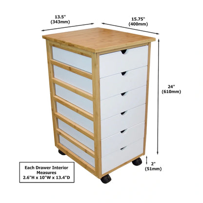 Solid Bamboo Frame 6 Drawer Rolling Storage Cart