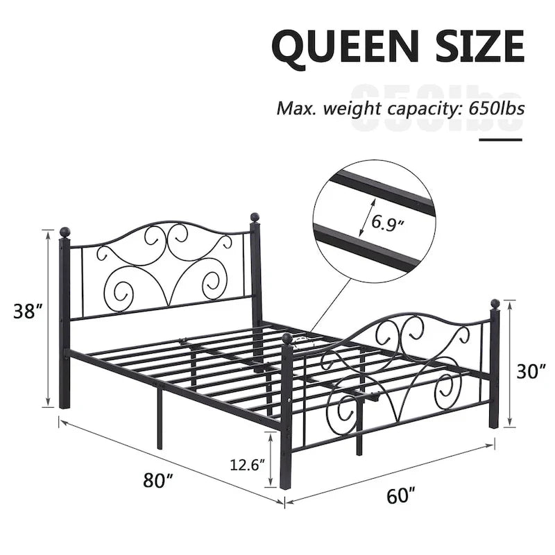 Classic Black Scroll Metal Platform Bed Frame