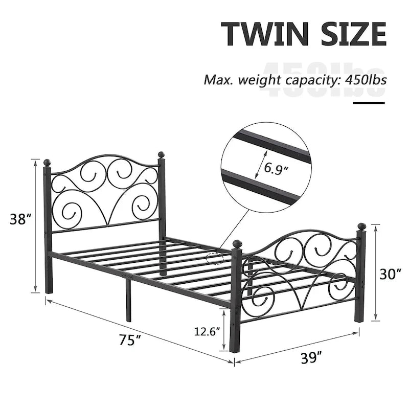 Classic Black Scroll Metal Platform Bed Frame