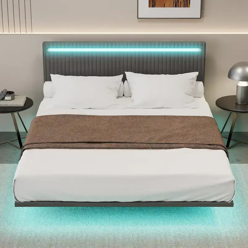 Floating Bed Upholstered Frame Velvet Fabric Platform Bed Adjustable Wingback Bed, Lights on Headboard, Sensor Lights Underbed