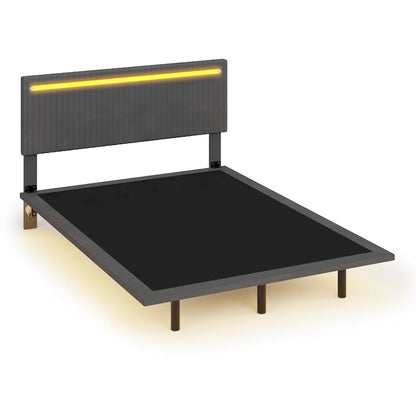 Floating Bed Upholstered Frame Velvet Fabric Platform Bed Adjustable Wingback Bed, Lights on Headboard, Sensor Lights Underbed