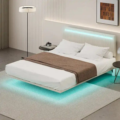 Floating Bed Upholstered Frame Velvet Fabric Platform Bed Adjustable Wingback Bed, Lights on Headboard, Sensor Lights Underbed