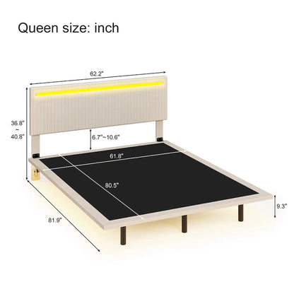 Floating Bed Upholstered Frame Velvet Fabric Platform Bed Adjustable Wingback Bed, Lights on Headboard, Sensor Lights Underbed