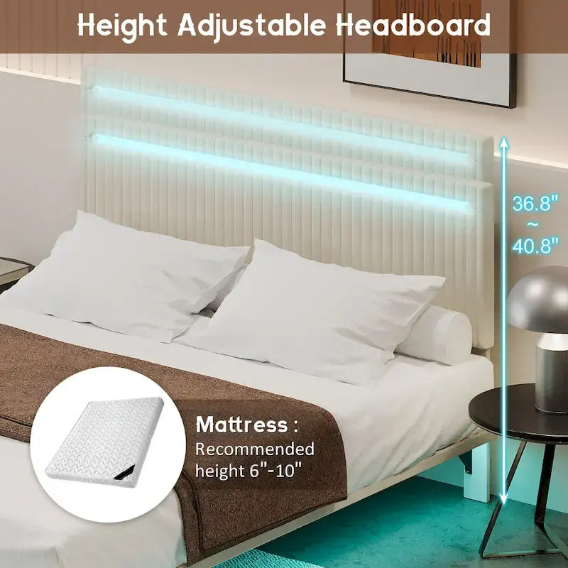 Floating Bed Upholstered Frame Velvet Fabric Platform Bed Adjustable Wingback Bed, Lights on Headboard, Sensor Lights Underbed