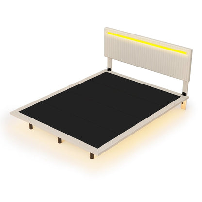 Floating Bed Upholstered Frame Velvet Fabric Platform Bed Adjustable Wingback Bed, Lights on Headboard, Sensor Lights Underbed