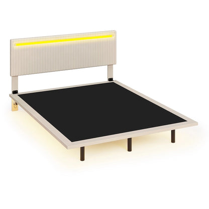 Floating Bed Upholstered Frame Velvet Fabric Platform Bed Adjustable Wingback Bed, Lights on Headboard, Sensor Lights Underbed