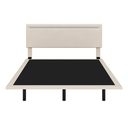 Floating Bed Upholstered Frame Velvet Fabric Platform Bed Adjustable Wingback Bed, Lights on Headboard, Sensor Lights Underbed