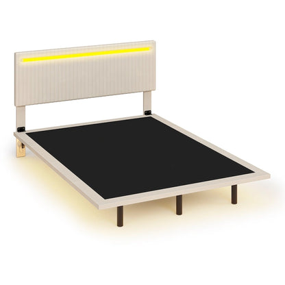Floating Bed Upholstered Frame Velvet Fabric Platform Bed Adjustable Wingback Bed, Lights on Headboard, Sensor Lights Underbed
