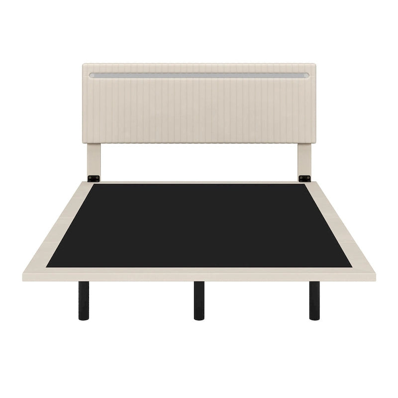 Floating Bed Upholstered Frame Velvet Fabric Platform Bed Adjustable Wingback Bed, Lights on Headboard, Sensor Lights Underbed