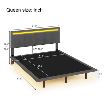Floating Bed Upholstered Frame Velvet Fabric Platform Bed Adjustable Wingback Bed, Lights on Headboard, Sensor Lights Underbed