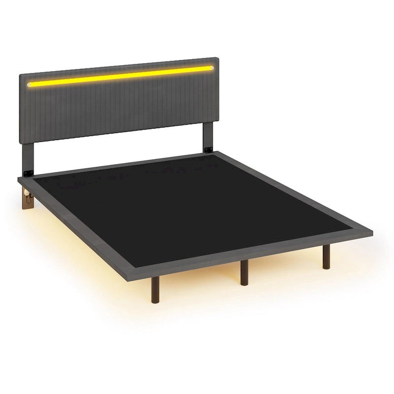 Floating Bed Upholstered Frame Velvet Fabric Platform Bed Adjustable Wingback Bed, Lights on Headboard, Sensor Lights Underbed