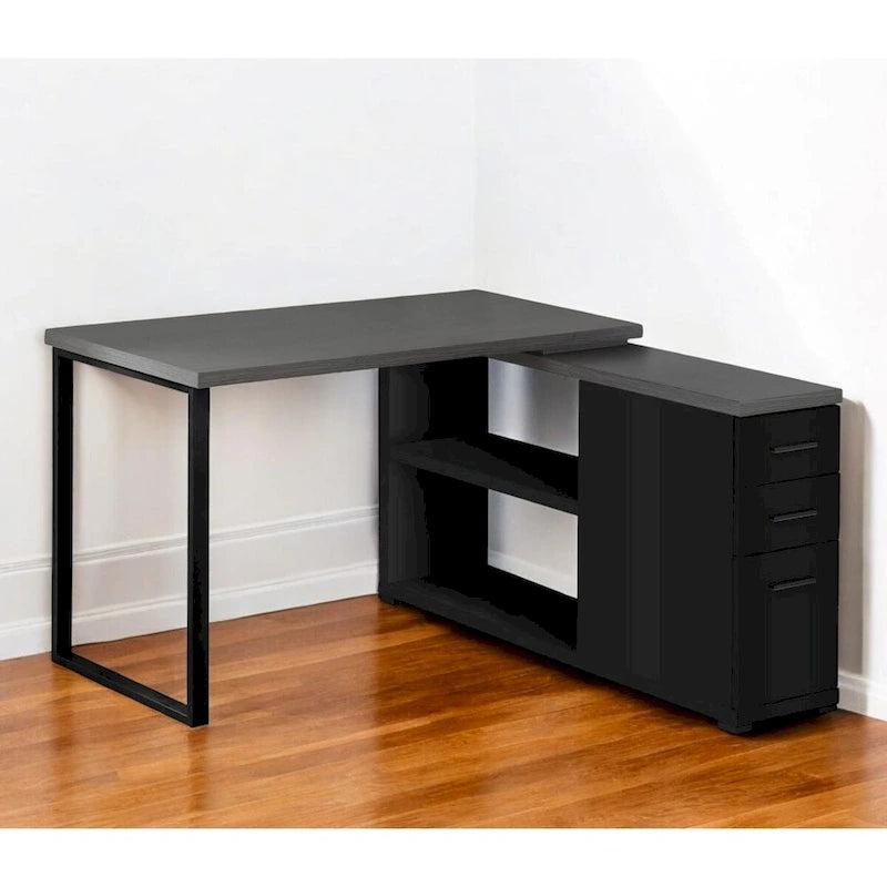 Grey Wood L-Shaped Computer Desk with Drawers and Metal Pedestal Base
