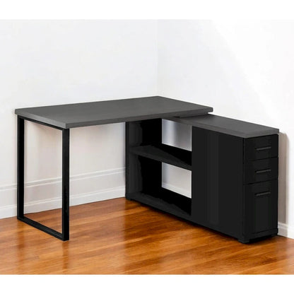 Grey Wood L-Shaped Computer Desk with Drawers and Metal Pedestal Base